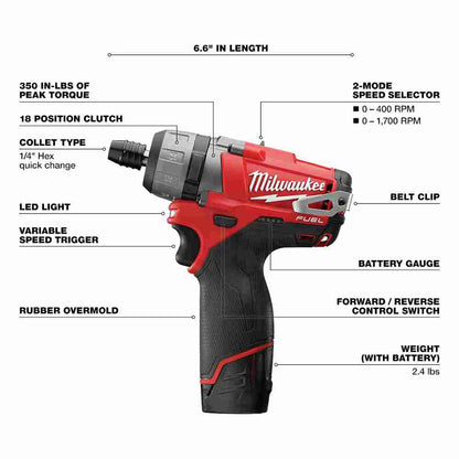 Milwaukee 2402-22 M12 FUEL Cordless Brushless 1/4in Hex 2-Speed Screwdriver Kit