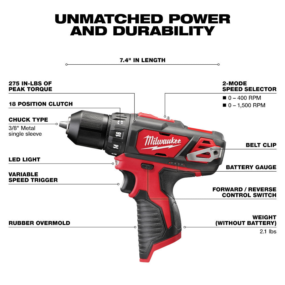 Milwaukee 2407-20 M12 Cordless 3/8in Drill/Driver (Tool Only)