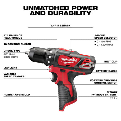 Milwaukee 2407-20 M12 Cordless 3/8in Drill/Driver (Tool Only)