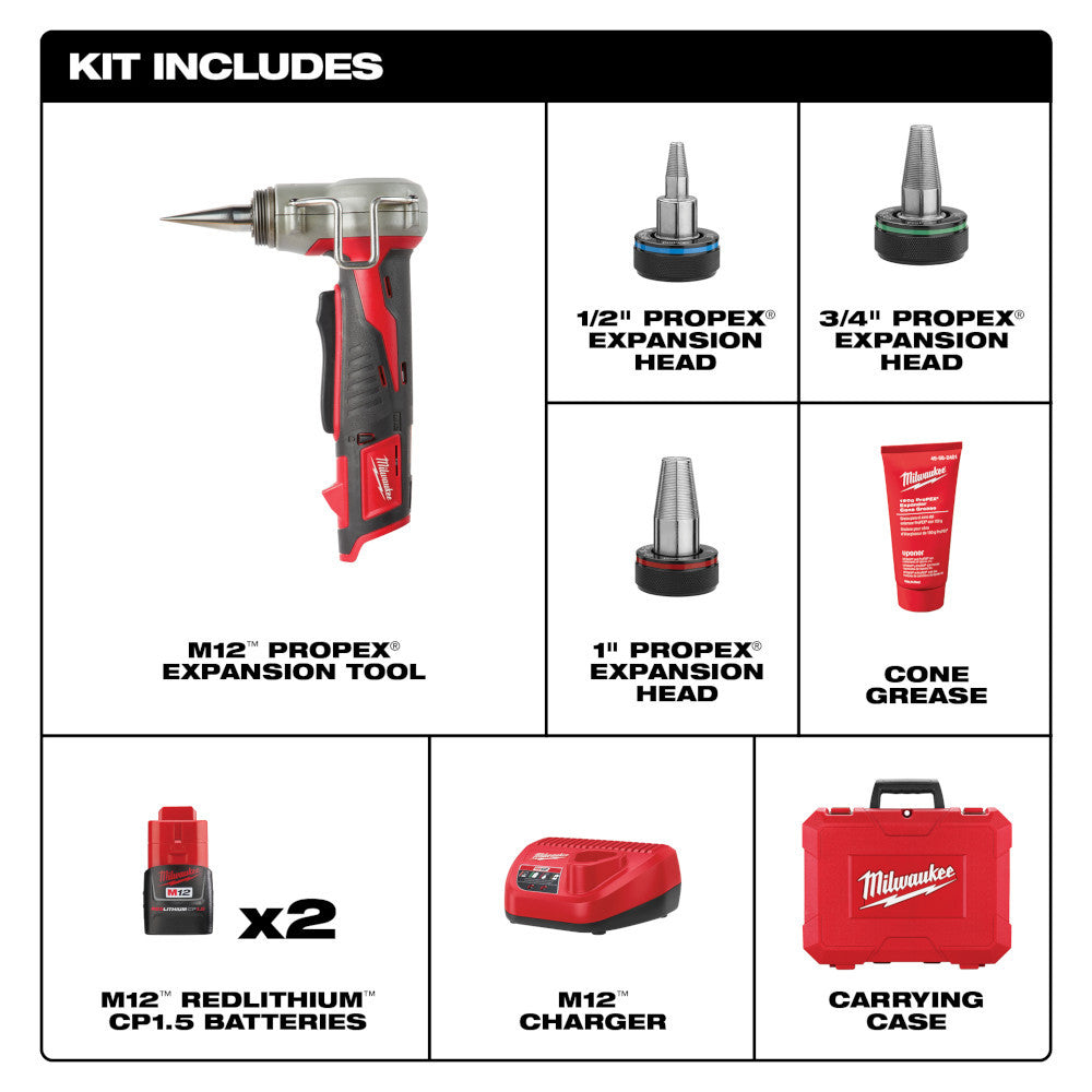 Milwaukee 2432-22 M12 Cordless Brushless 3/8in-1in ProPEX Expansion Tool Kit