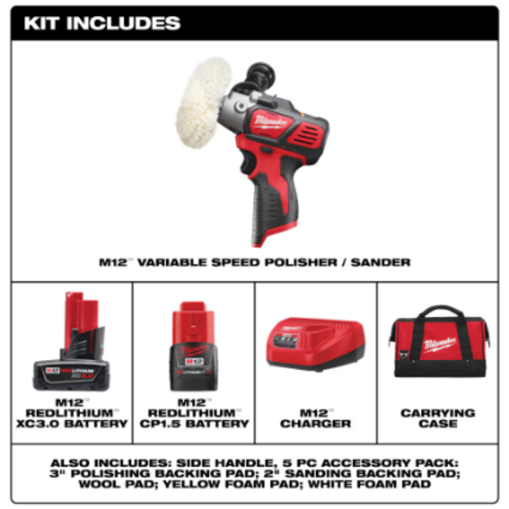 Milwaukee 2438-22X M12 12-Volt Lithium-Ion Cordless Variable Speed Polisher/Sander XC/Compact Battery Kit