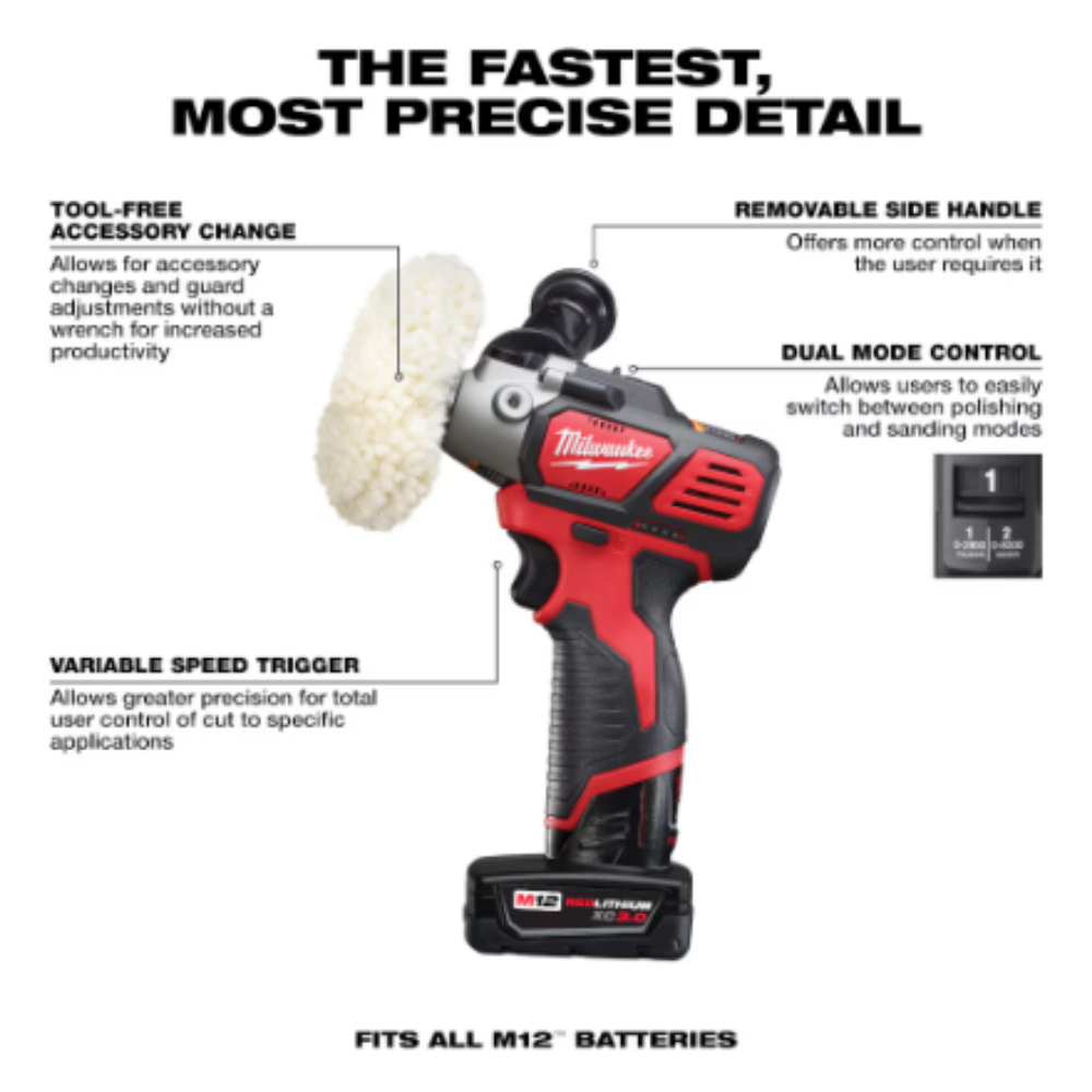 Milwaukee 2438-22X M12 12-Volt Lithium-Ion Cordless Variable Speed Polisher/Sander XC/Compact Battery Kit