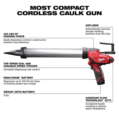 Milwaukee 2442-21 M12 20oz Aluminum Sausage Style Caulking Gun Kit