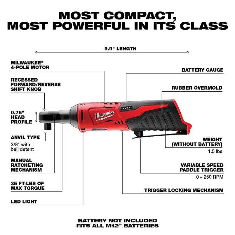 Milwaukee 2457-20 M12 12V Lithium-Ion Cordless 3/8 -inch Ratchet (Tool-Only)