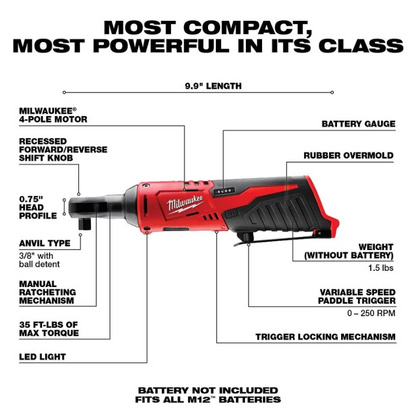 Milwaukee 2457-20 M12 12V Lithium-Ion Cordless 3/8 -inch Ratchet (Tool-Only)