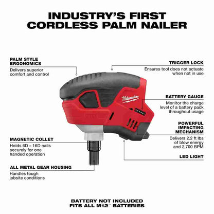 Milwaukee 2458-20 M12 Cordless Palm Nailer (Tool Only)