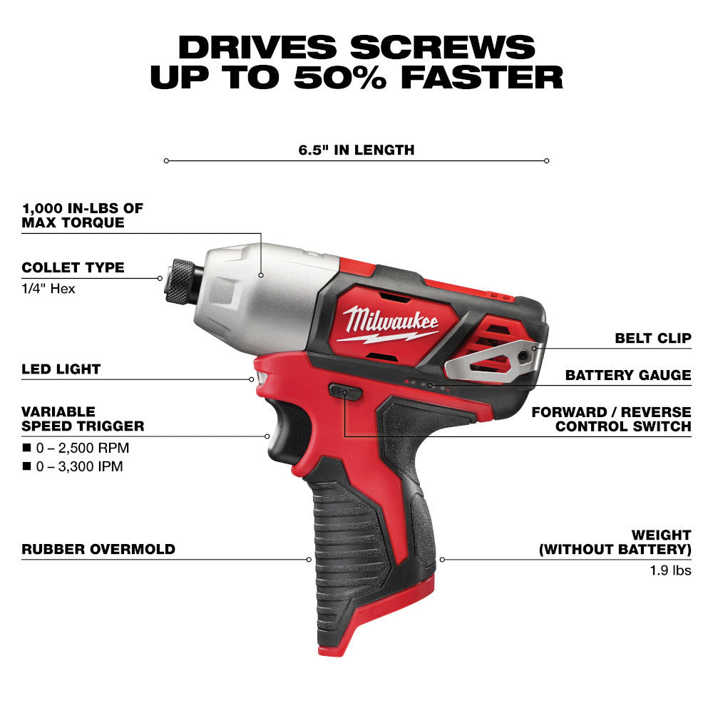 Milwaukee 2462-20 M12 Cordless 1/4in Hex Impact Driver (Tool Only)