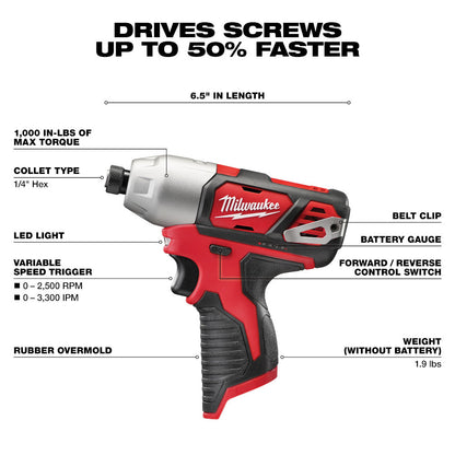Milwaukee 2462-20 M12 Cordless 1/4in Hex Impact Driver (Tool Only)