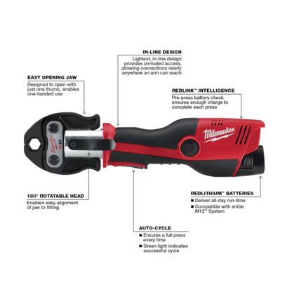 Milwaukee 2473-22 M12 12V Li-Ion Force Logic Cordless Press Tool Kit w/ 3 jaws with (2) 1.5 Ah Battery and Hard Case