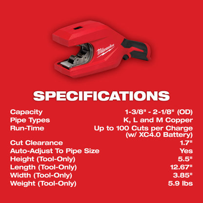 Milwaukee 2479-20 12V Cordless Brushless 1-1/4in - 2in Copper Tubing Cutter (Tool Only)