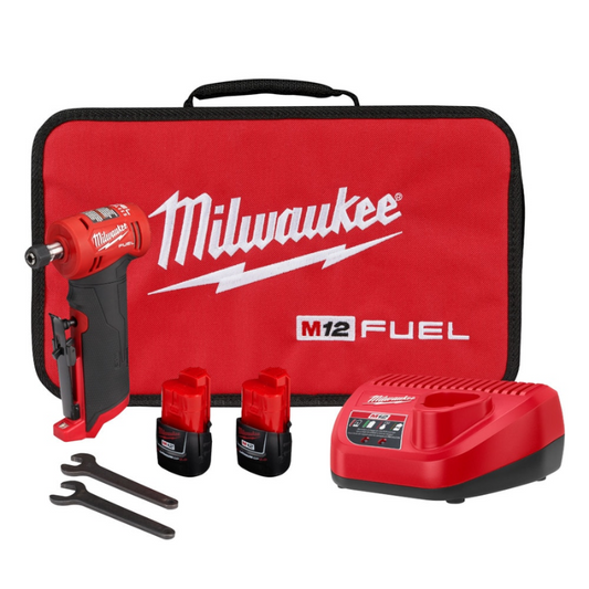 Milwaukee 2485-22 M12 FUEL 12V Lithium-Ion Brushless Cordless 1/4" Right Angle Die Grinder Kit with (2) 2.0Ah Batteries