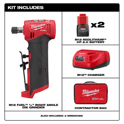 Milwaukee 2485-22 M12 FUEL 12V Lithium-Ion Brushless Cordless 1/4" Right Angle Die Grinder Kit with (2) 2.0Ah Batteries