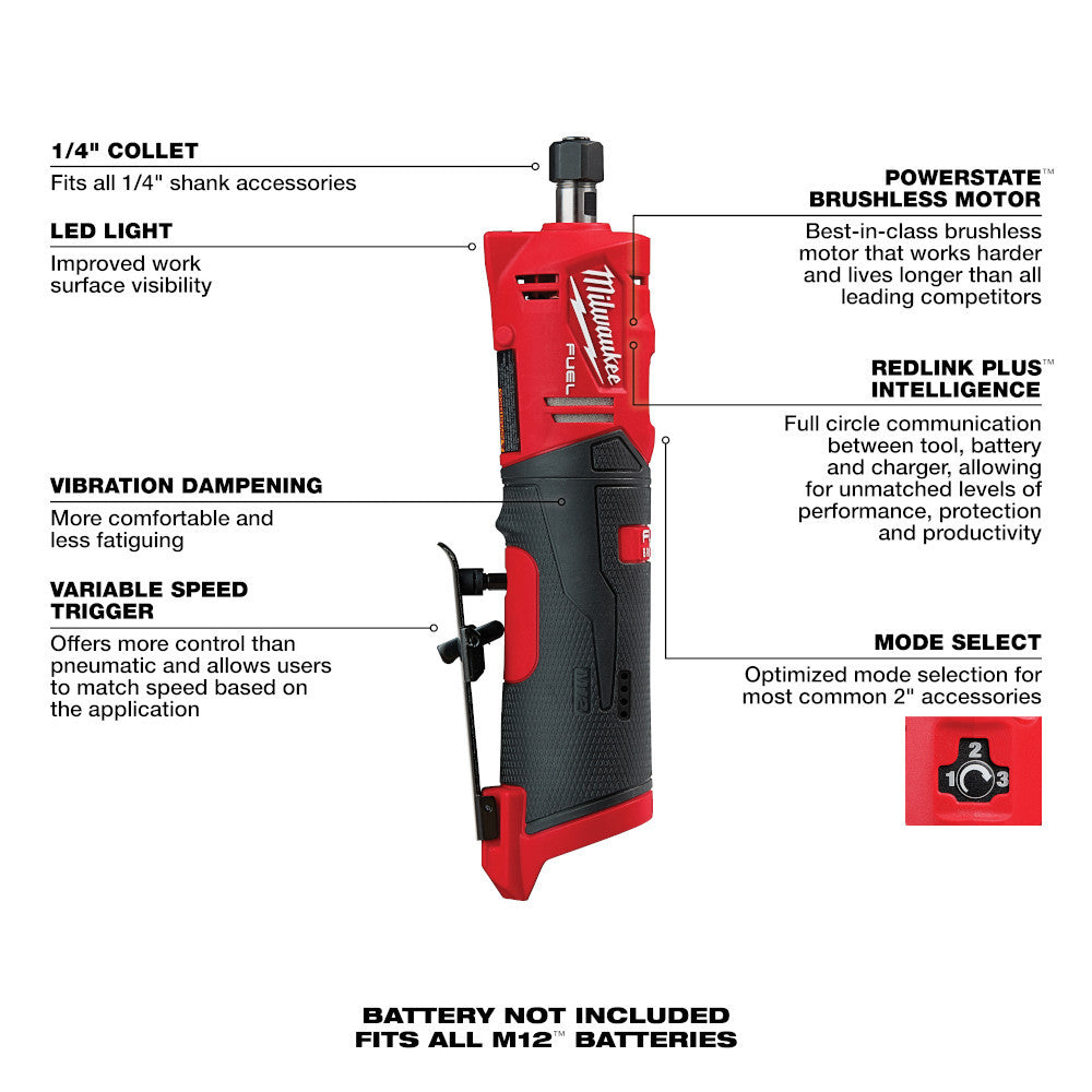 Milwaukee 2486-20 M12 FUEL Cordless Brushless 1/4in Straight Die Grinder (Tool Only)