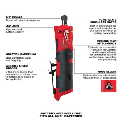 Milwaukee 2486-20 M12 FUEL Cordless Brushless 1/4in Straight Die Grinder (Tool Only)
