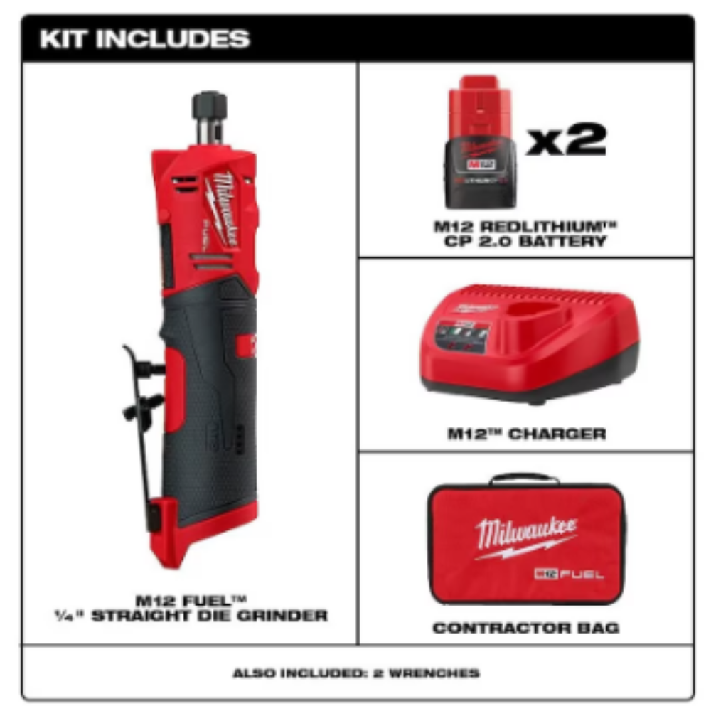 Milwaukee 2486-22 M12 FUEL 12-Volt Lithium-Ion Brushless Cordless 1/4-inch Straight Die Grinder Kit with Two 2.0 Ah Batteries