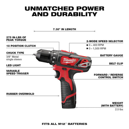 Milwaukee 2494-22 M12 2-Tool Cordless 3/8in Drill/Driver & 1/4in Hex Impact Driver Combo Kit