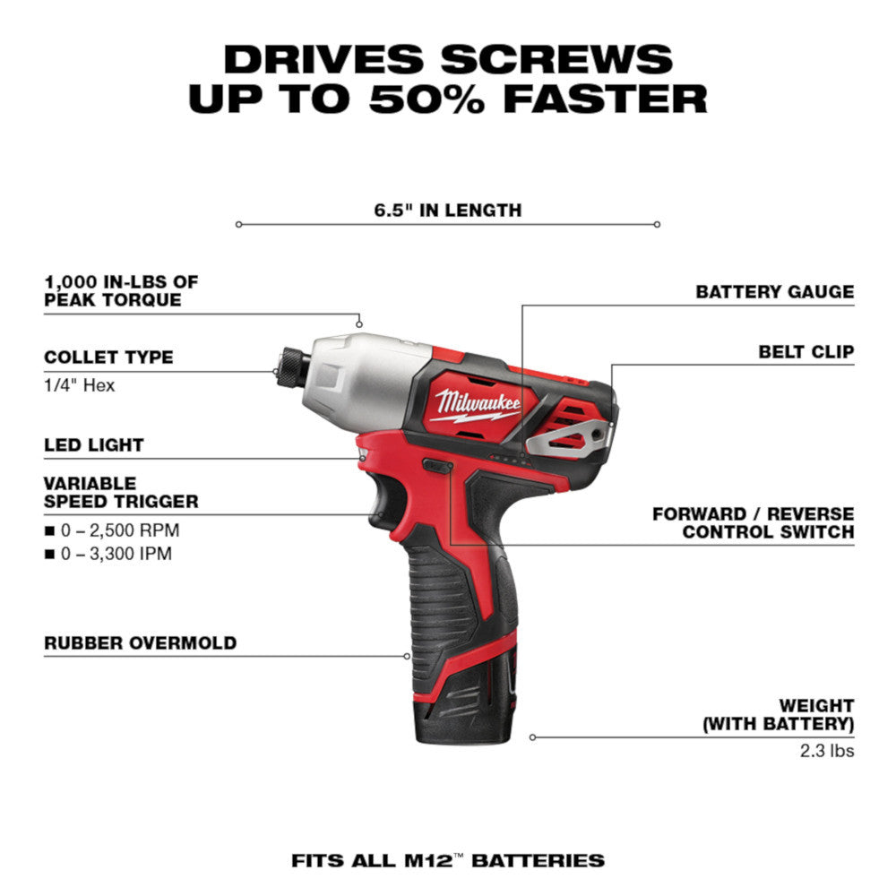 Milwaukee 2494-22 M12 2-Tool Cordless 3/8in Drill/Driver & 1/4in Hex Impact Driver Combo Kit