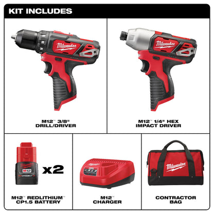 Milwaukee 2494-22 M12 2-Tool Cordless 3/8in Drill/Driver & 1/4in Hex Impact Driver Combo Kit