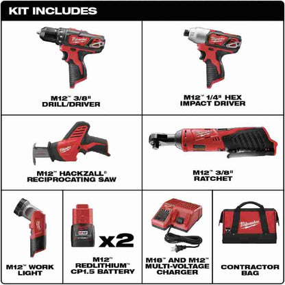 Milwaukee 2498-25 M12 5-Tool Cordless 3/8 in. Drill/Driver / 1/4 in. Impact Driver / 3/8 in. Ratchet / Reciprocating Saw / Work Light Combo Kit