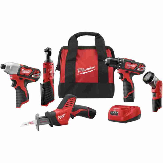 Milwaukee 2498-25 M12 5-Tool Cordless 3/8 in. Drill/Driver / 1/4 in. Impact Driver / 3/8 in. Ratchet / Reciprocating Saw / Work Light Combo Kit