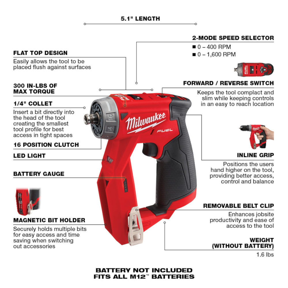 Milwaukee 2505-20 M12 FUEL Cordless Brushless 4-In-1 Installation 3/8in Drill Driver (Tool Only)