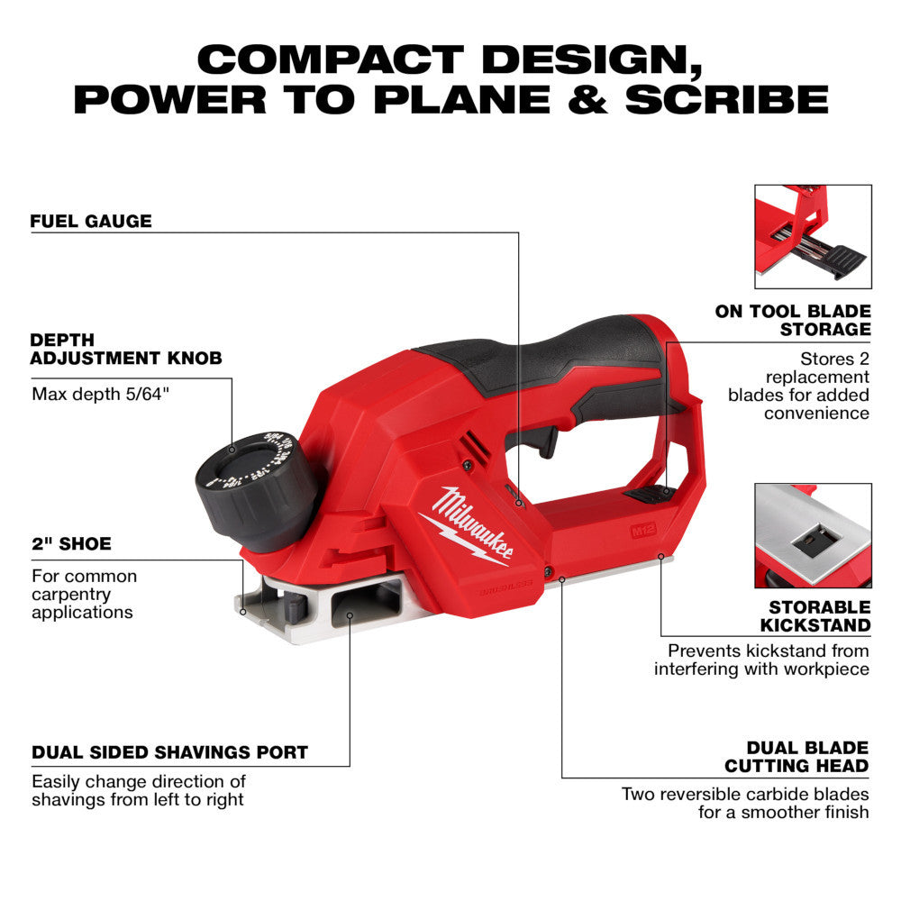 Milwaukee 2524-20 M12 Cordless Brushless 2in Planer (Tool Only)