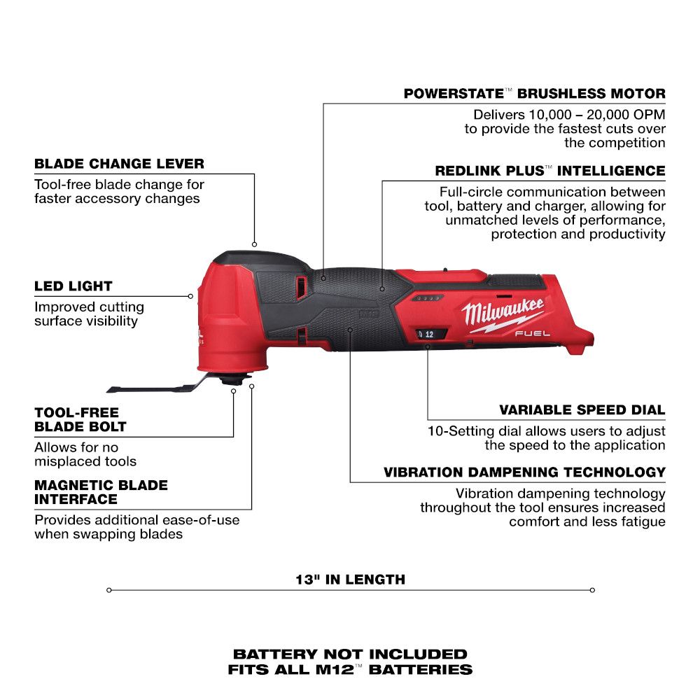 Milwaukee 2526-20 M12 FUEL 12 Volt Lithium-Ion Brushless Cordless Oscillating Multi-Tool - Tool Only