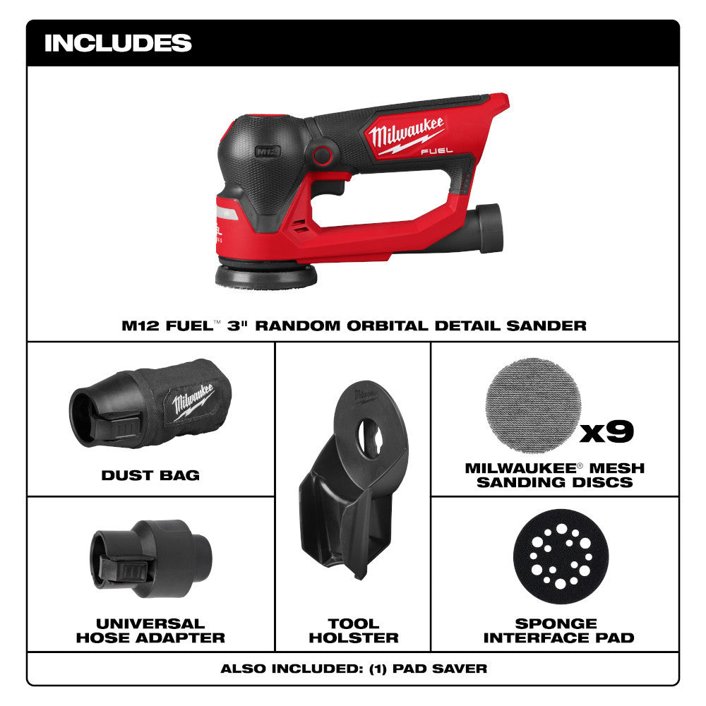 Milwaukee 2535-20 M12 FUEL Cordless Brushless 3in Random Orbital Detail Sander (Tool Only)