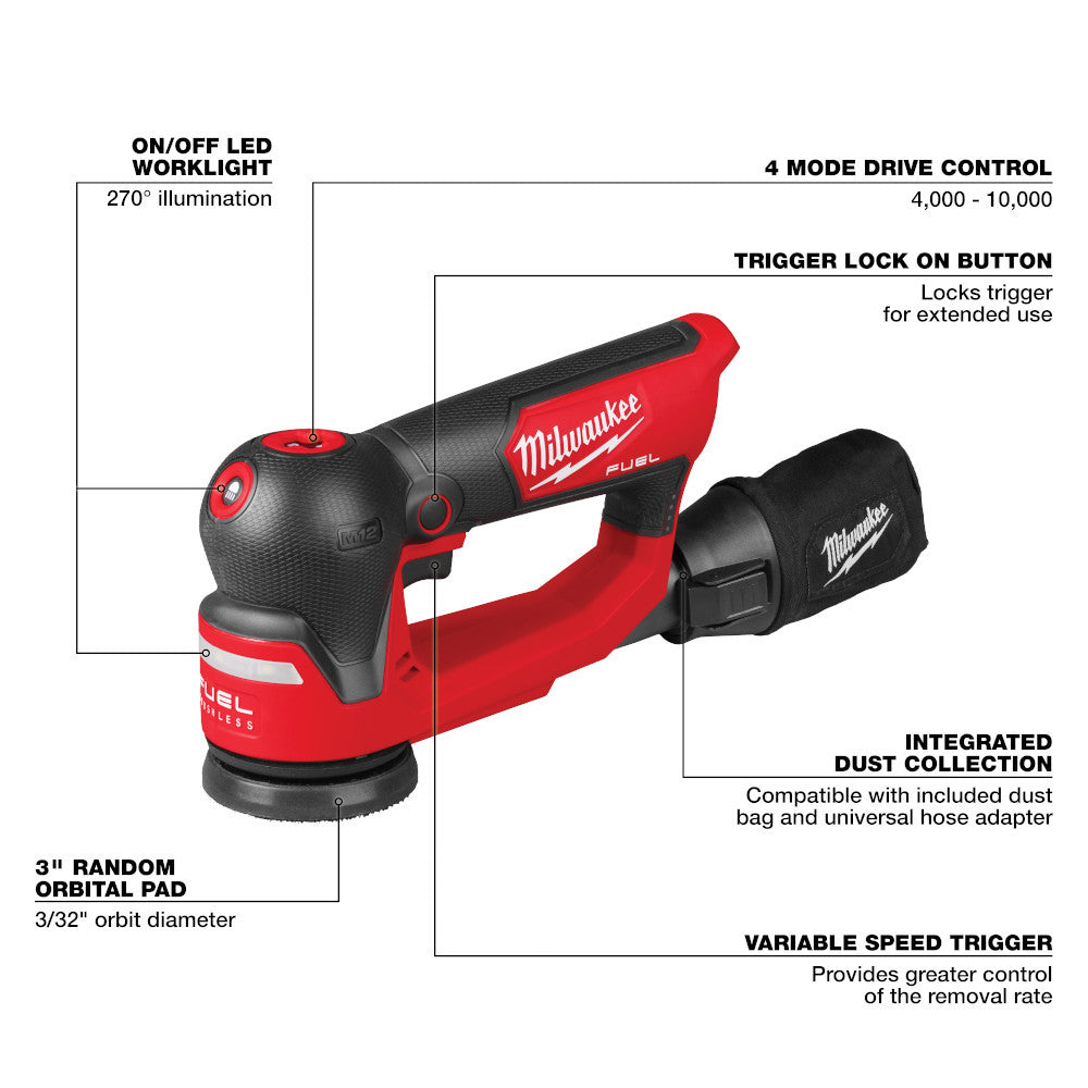 Milwaukee 2535-20 M12 FUEL Cordless Brushless 3in Random Orbital Detail Sander (Tool Only)