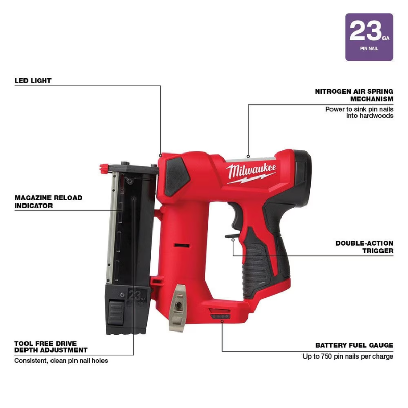 Milwaukee 2540-20 M12 12-Volt 23-Gauge Lithium-Ion Cordless Pin Nailer (Tool-Only)