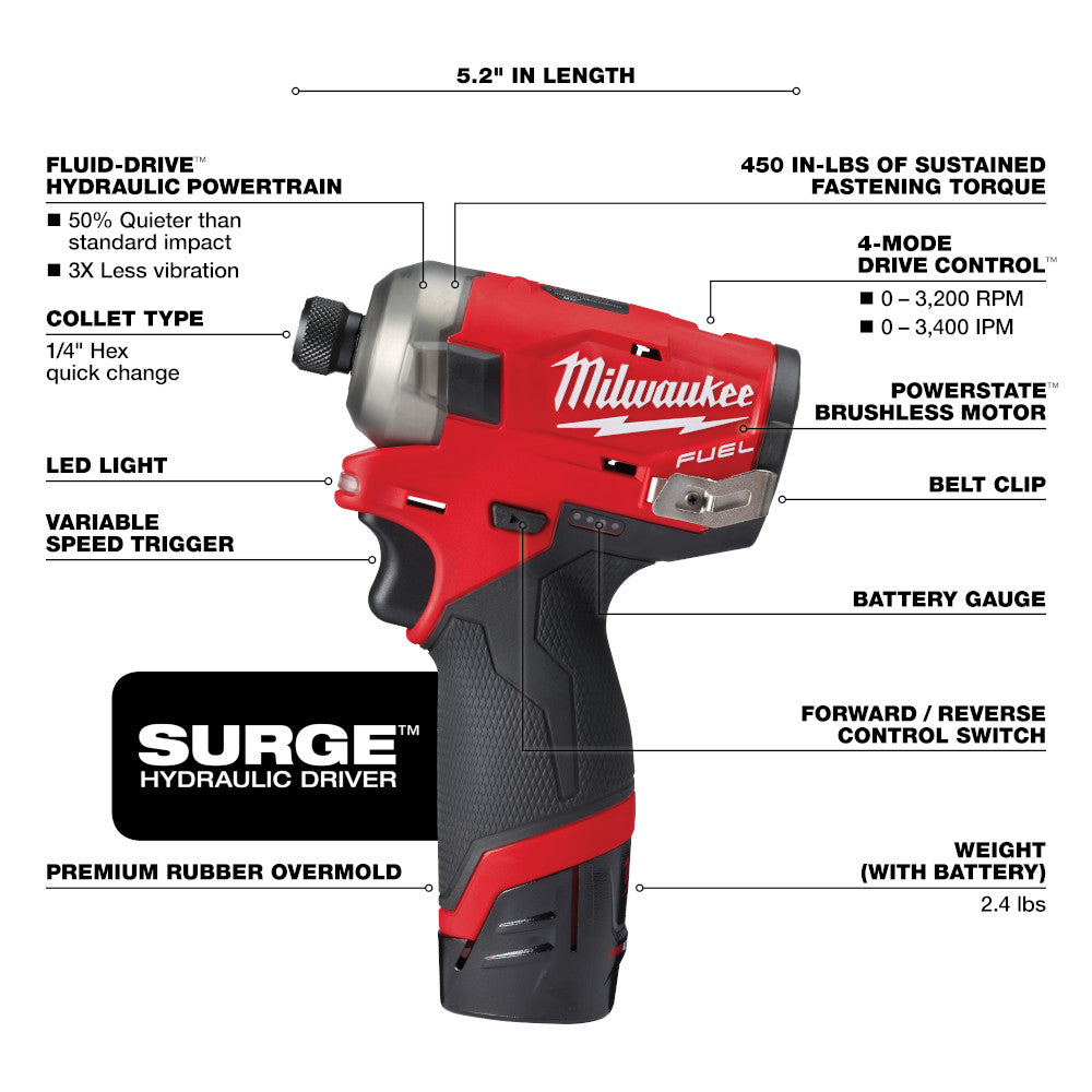 Milwaukee 2551-20 M12 FUEL SURGE Cordless Brushless 1/4in Hex Hydraulic Impact Driver (Tool Only)