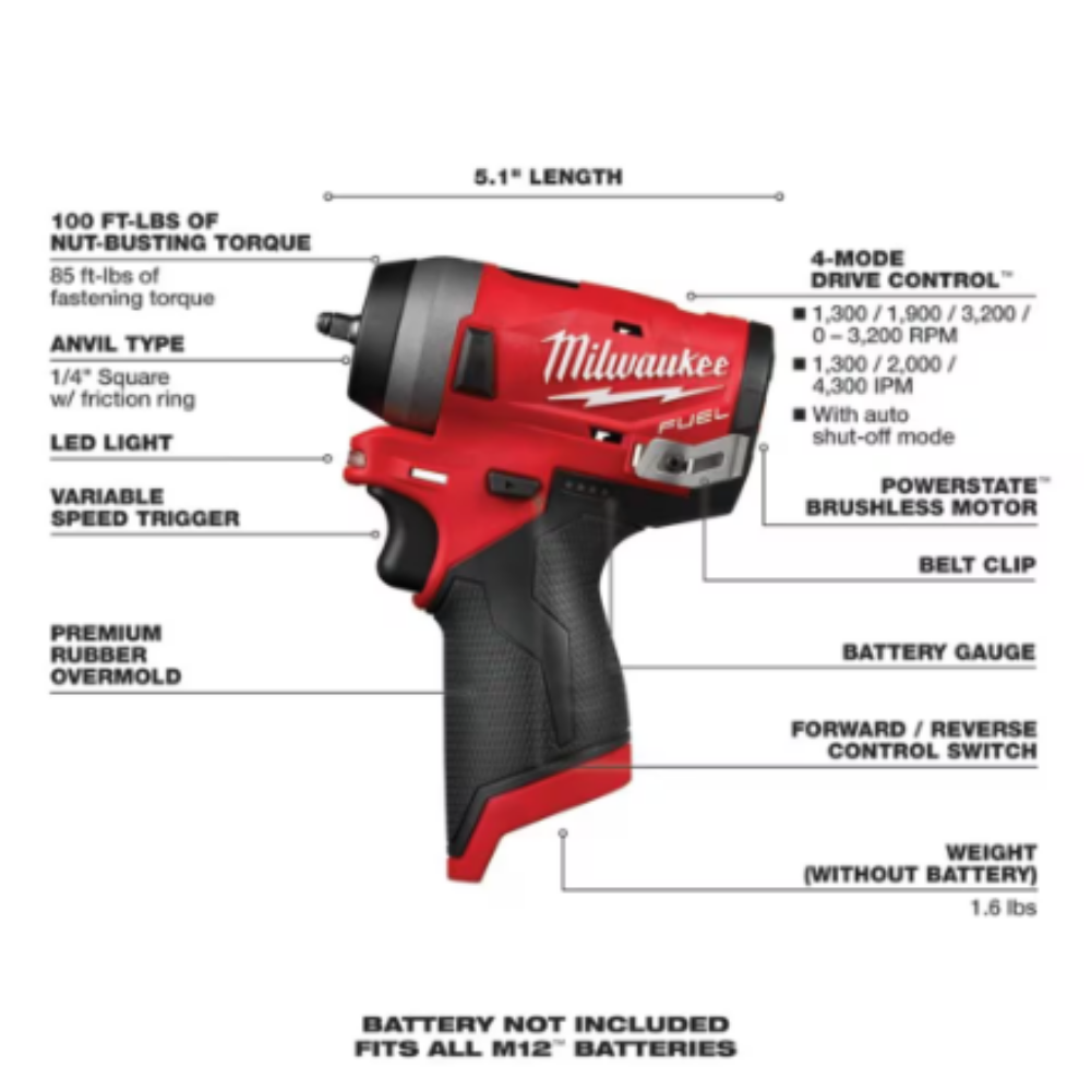 Milwaukee 2552-20 M12 FUEL 12-Volt Lithium-Ion Brushless Cordless Stubby 1/4-inch Impact Wrench (Tool Only)