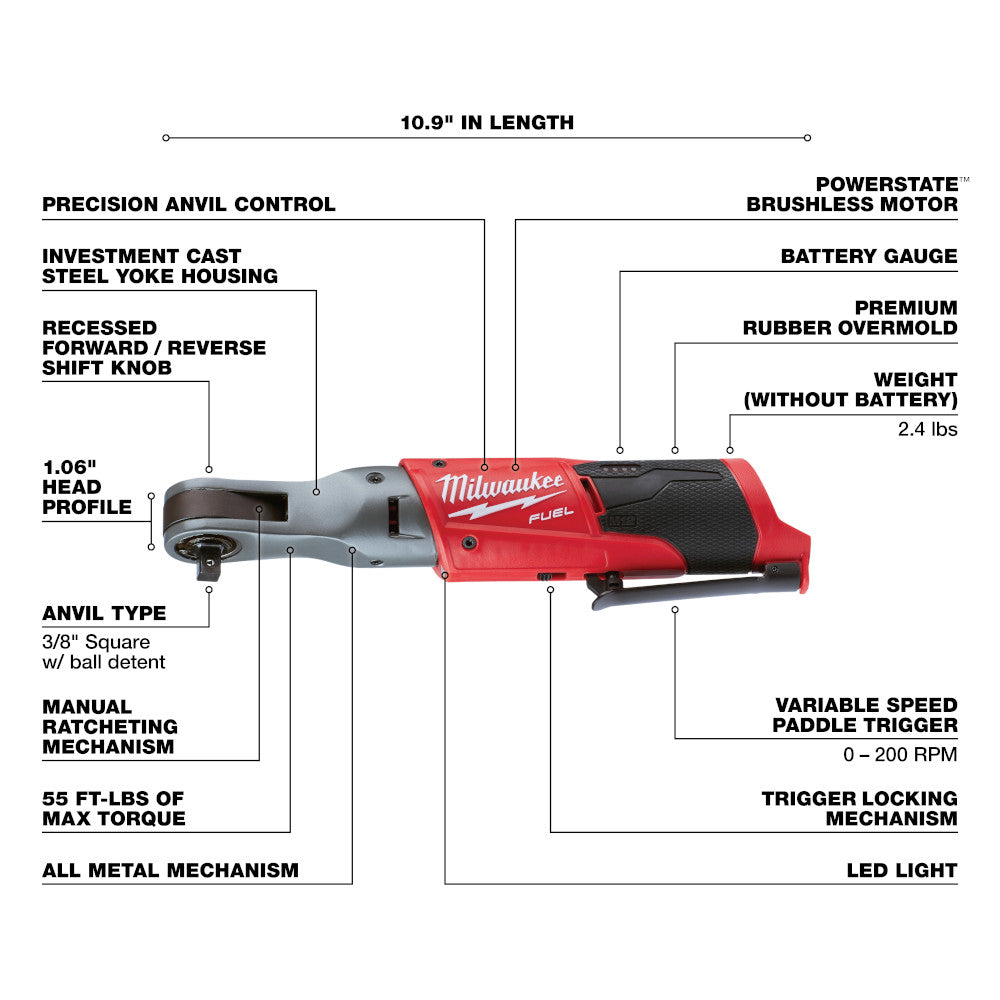 Milwaukee 2557-20 M12 FUEL Cordless Brushless 3/8in Ratchet (Tool Only)