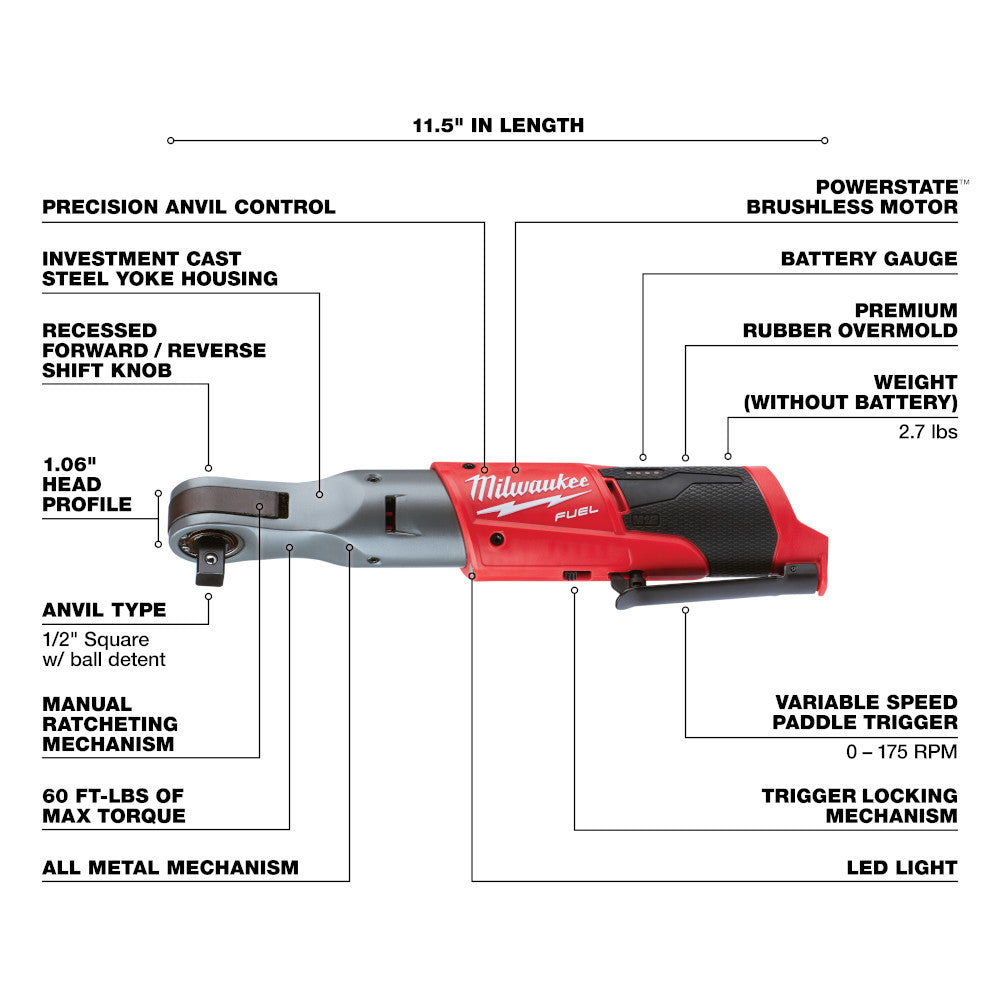Milwaukee 2558-20 M12 FUEL Cordless Brushless 1/2in Ratchet (Tool Only)