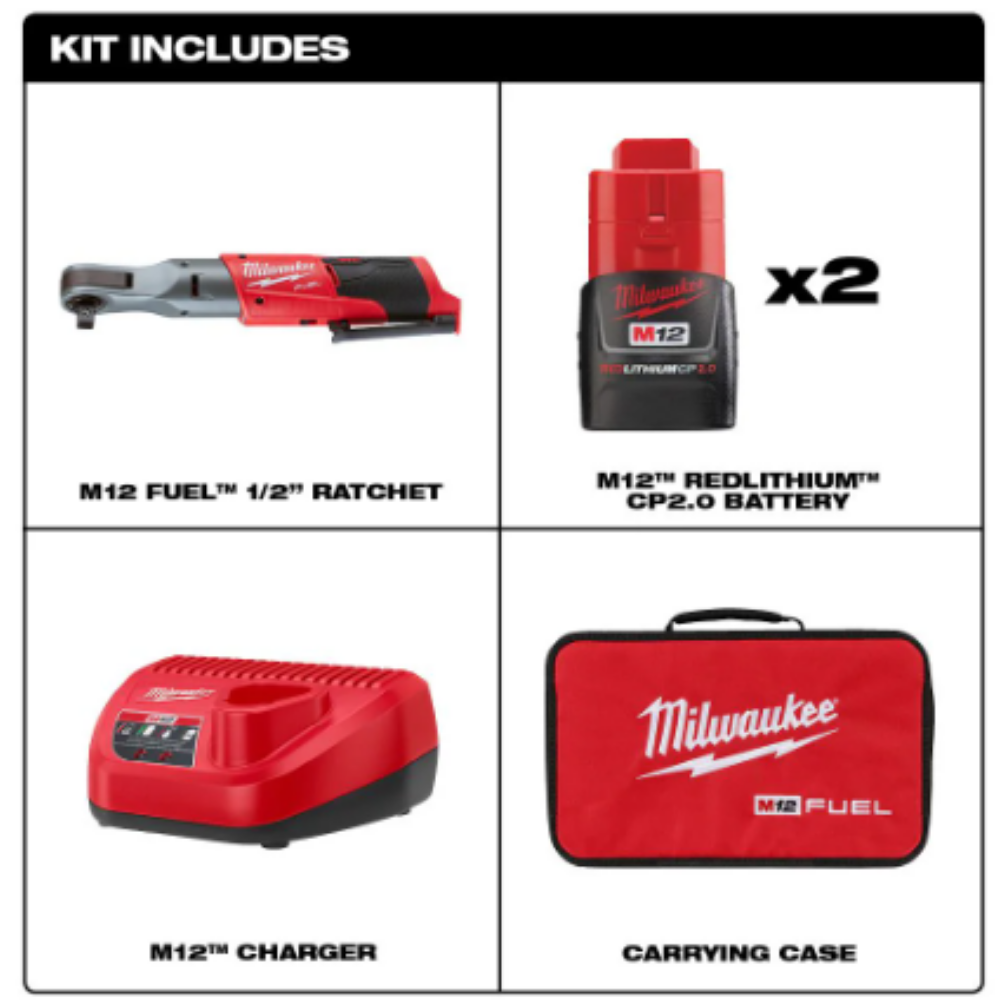 Milwaukee 2558-22 M12 FUEL 12-Volt Lithium-Ion Brushless Cordless 1/2 inch Ratchet Kit With (2) 2.0Ah Batteries & Charger