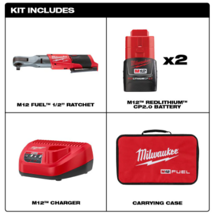 Milwaukee 2558-22 M12 FUEL 12-Volt Lithium-Ion Brushless Cordless 1/2 inch Ratchet Kit With (2) 2.0Ah Batteries & Charger