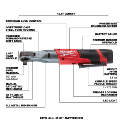 Milwaukee 2558-22 M12 FUEL 12-Volt Lithium-Ion Brushless Cordless 1/2 inch Ratchet Kit With (2) 2.0Ah Batteries & Charger