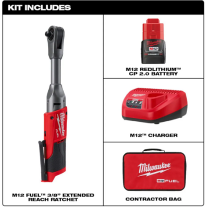 Milwaukee 2560-21 M12 FUEL 12-Volt Li-Ion Brushless Cordless 3/8 inch Extended Reach Ratchet Kit with One 2.0 Ah Battery