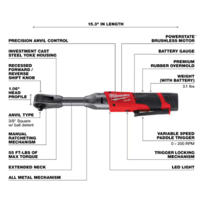 Milwaukee 2560-21 M12 FUEL 12-Volt Li-Ion Brushless Cordless 3/8 inch Extended Reach Ratchet Kit with One 2.0 Ah Battery