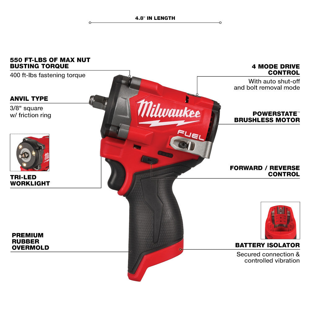 Milwaukee 2562-20 M12 FUEL Cordless Brushless 3/8in Stubby Impact Wrench (Tool Only)