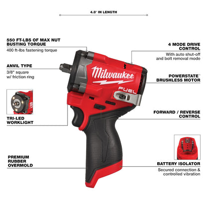 Milwaukee 2562-20 M12 FUEL Cordless Brushless 3/8in Stubby Impact Wrench (Tool Only)