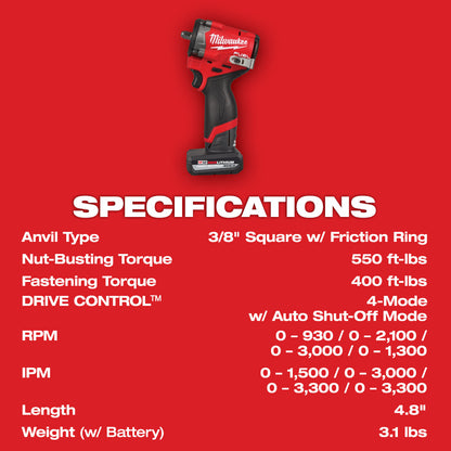 Milwaukee 2562-21 M12 FUEL Stubby 3/8" Impact Wrench Kit