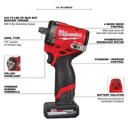 Milwaukee 2563-22 M12 FUEL 1/2 inch Drive Stubby Impact Wrench Kit