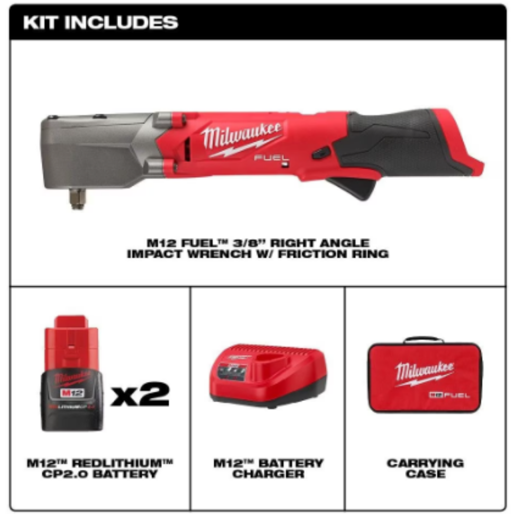 Milwaukee 2564-22 M12 FUEL Lithium-Ion Brushless Cordless 3/8-inch Right Angle Impact Wrench Kit with (2) 2.0Ah Batteries