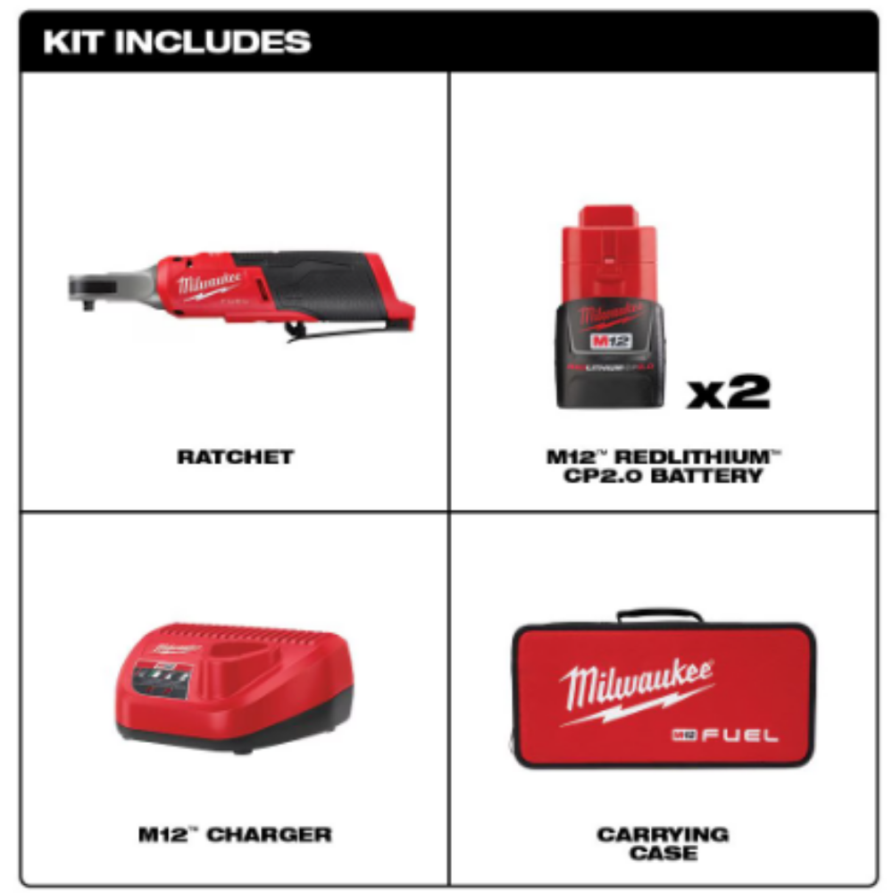 Milwaukee 2566-22 M12 FUEL 12-Volt Lithium-Ion Brushless Cordless High Speed 1/4 -inch Ratchet Kit with (2) Batteries