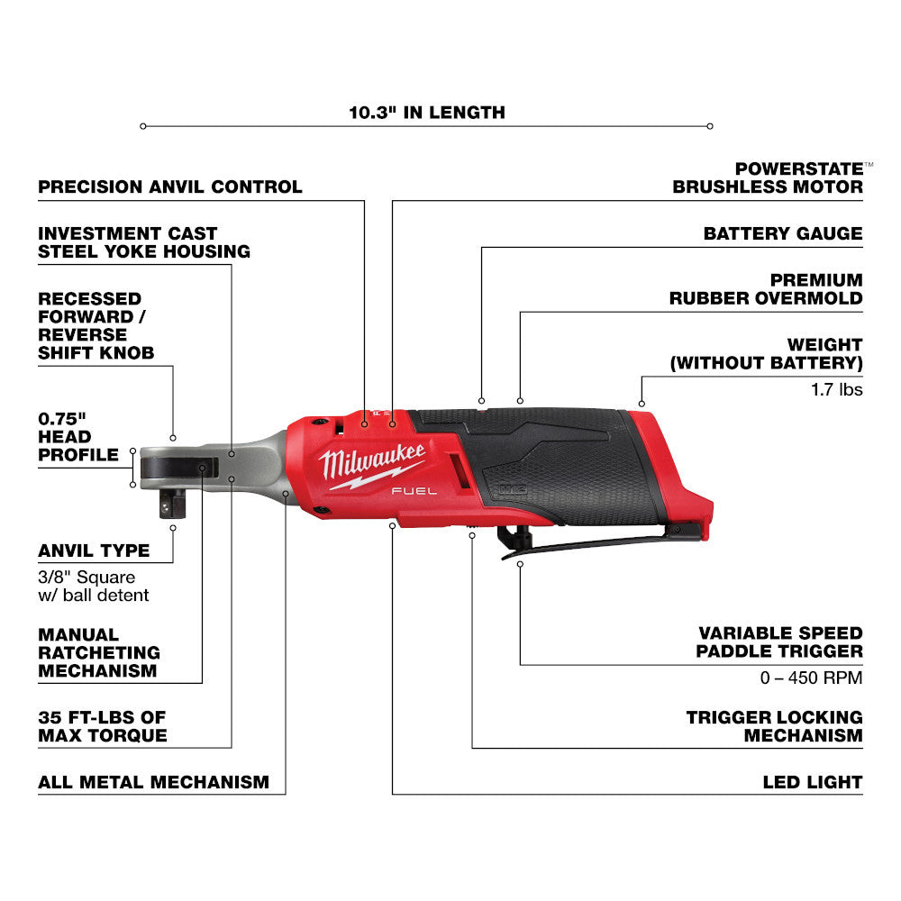 Milwaukee 2567-20 M12 FUEL Cordless Brushless 3/8in High Speed Stubby Ratchet (Tool Only)