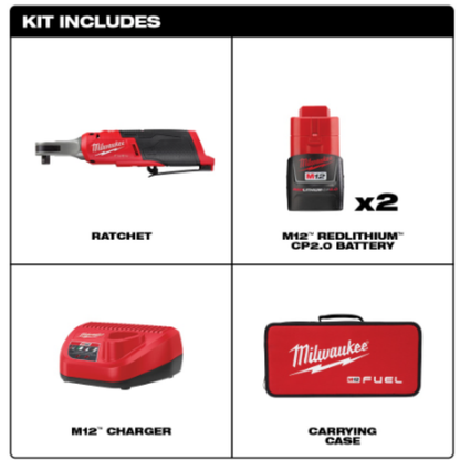 Milwaukee 2567-22 M12 FUEL 12V Lithium-Ion Brushless Cordless High Speed 3/8 -inch Ratchet Kit w/(2) Batteries