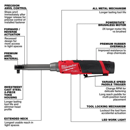 Milwaukee 2569-21 M12 FUEL Cordless Brushless 3/8in Extended Reach High Speed Ratchet Kit