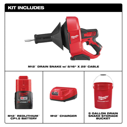 Milwaukee 2571-21 M12 Cordless Auger Drain Snake with 5/16in Cable Kit