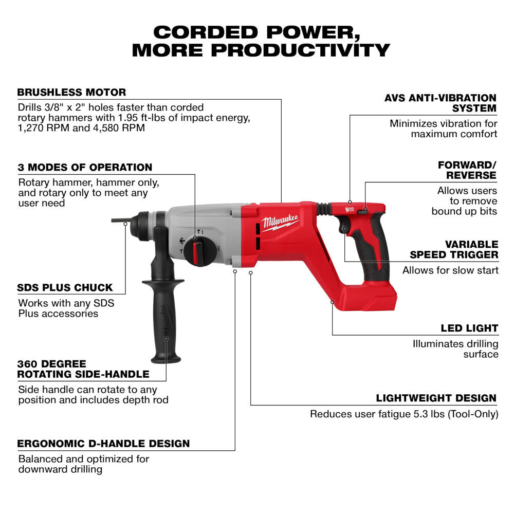 Milwaukee 2613-20 M18 Cordless Brushless 1in SDS Plus D-Handle Rotary Hammer (Tool Only)